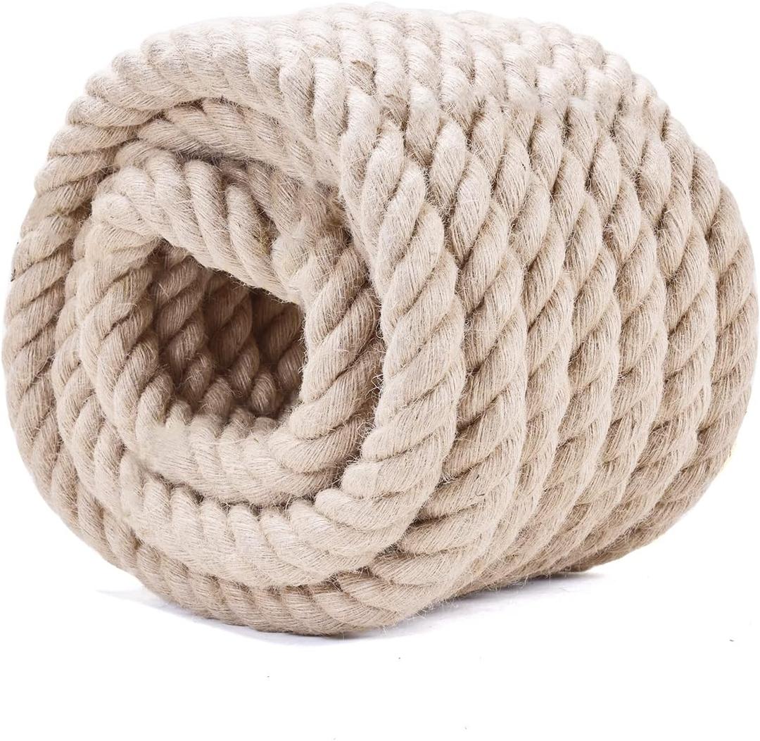 Natural Jute Rope 1-1/2 in x 50 Ft - Heavy Duty Thick Hemp Rope, Twisted Hemp Ropes for Crafts, Porch Swings, Tug of War, Railings, Nautical Decor, Landscaping & Home DIY Projects