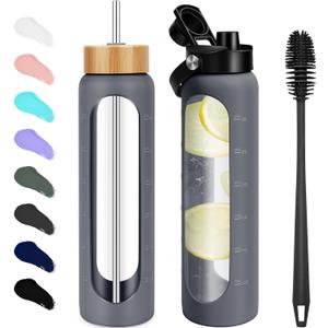 32 oz Glass Water Bottles - 1 Liter Motivational Tumbler Water Bottle Time Marker - Borosilicate Glass Water Bottle With Silicone Sleeve and 2 Lids, Handle Spout & Bamboo Straw Lid (Charcoal Grey)