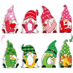 Valentines & St Patricks Day Decorations, 4 Pcs Double-sided Love & Luck Gnome Wooden Sign for Table Tiered Tray Mantel Decorations, Valentine and Shamrock Gnomes Centerpieces for Home Office Gifts