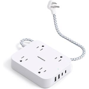 1 Ft Flat Plug Extension Cord, HANYCONY Power Strip with 4 USB Ports(2 USB C), 4 Widely Outlets Extender, Wall Mount, Desk Charging Station for Office, Travel and Cruise Ship Essentials (White)