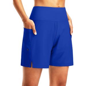 G Gradual Women's 7" Long Swim Board Shorts High Waisted Quick Dry Beach Swimming Shorts for Women with Liner Pockets (Blue)