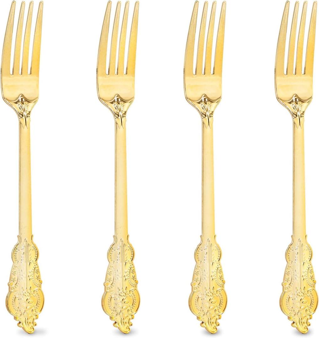 Ciaell 200PCS Gold Plastic Forks - Heavy Duty Plastic Forks - 7.48 Inch Heavyweight Gold Forks - Disposable Dessert Forks Perfect for Parties & Weddings & Dinners