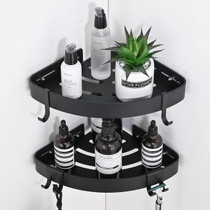 DUFU Adhesive Corner Shower Caddy with Hooks,Bathroom Shower Organizer, No Drilling Rust Proof Aluminum Shower Shelf for Inside Shower 2 Pack (Grey)