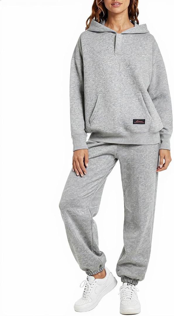 Womens 2 Piece Sweatsuit Set, 2025 Casual Long Sleeve Hoodie with Loose Wide Leg Sweatpants for Fall and Winter, Light Gray, Medium