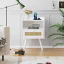 SUPERJARE Nightstands Set of 2, Bedside Tables with PE Rattan Drawers, Rattan Side Table with Storage & Solid Wood Feet, End Table for Bedroom, White