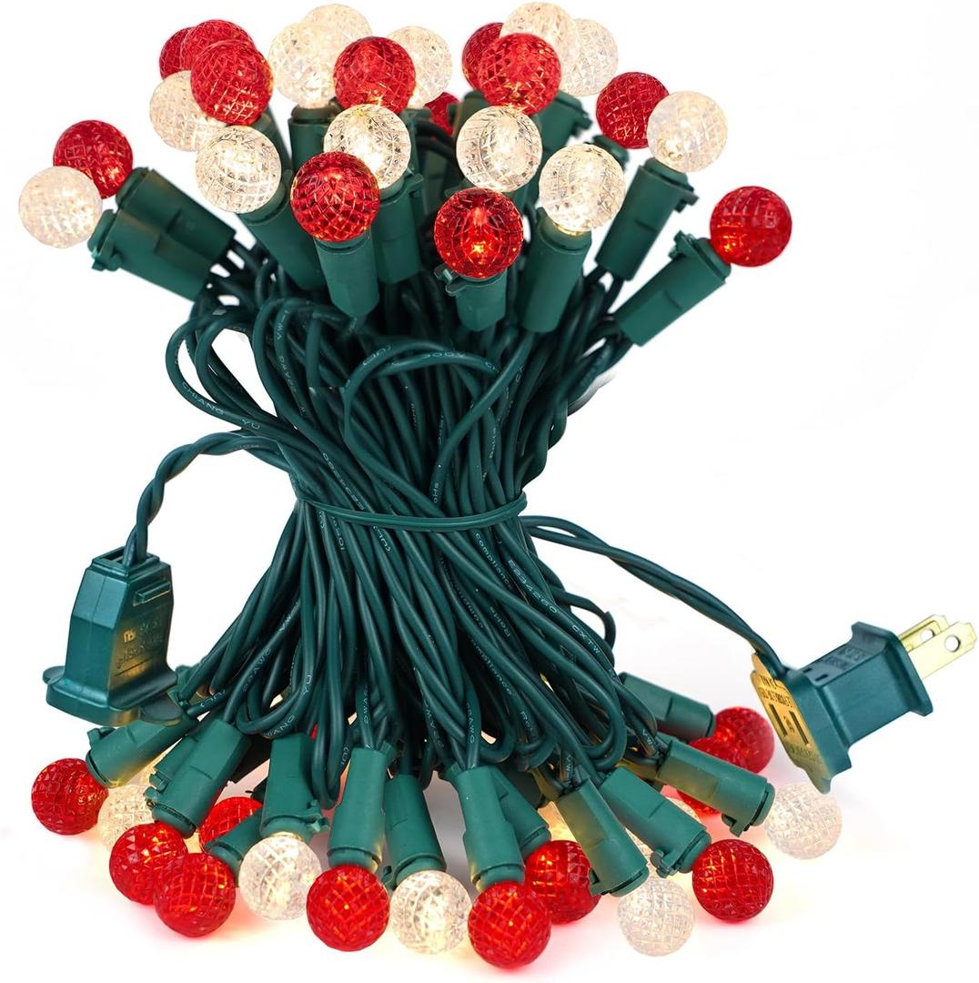 BOHON Christmas Lights Outdoor Faceted G15 50 LED 17ft Plug in Mini Globe String Lights Waterproof Extendable Green Wire for Indoor Patio Xmas Thanksgiving Tree Decoration Red and Warm White