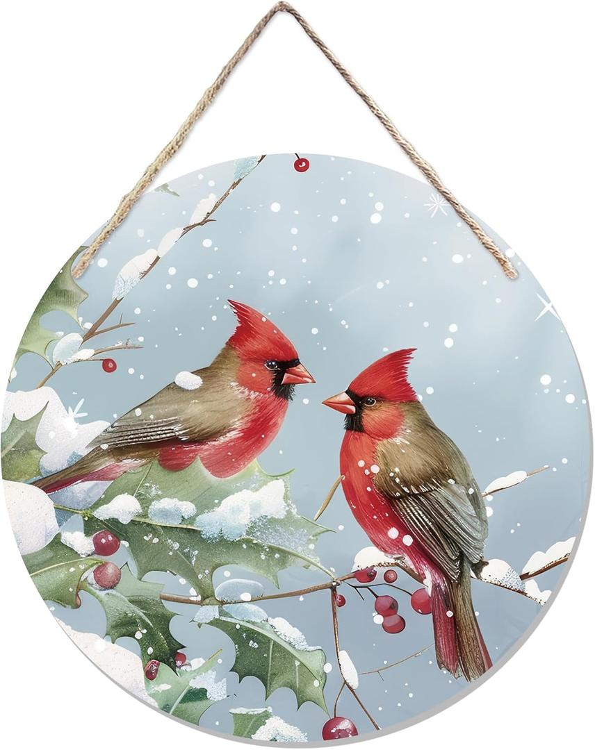 CGBHW Winter Christmas Cardinal Birds Wooden Sign, Winter Branches Berry Snowflake Snow Decoration Hanging Sign Wall Decor, Rustic Farmhouse Christmas Holiday Seasonal Wooden Sign for Home Door Decor 12 x 12 Inch (Brid)