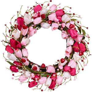 Valentines Day Decorations 20 Inch Valentine's Day Wreath Pink Valentine Wreaths for Front Door with Red Love Heart Berries Pink Tulips Wedding Anniversary Decor