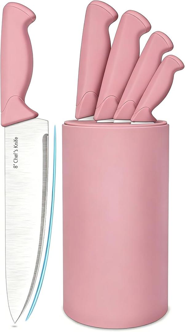 HENKELIVING Knife Set, 4-Piece Kitchen Knife Set, German High Carbon Stainless Steel, Durable & Easy Clean Knife Block, Peach Pink