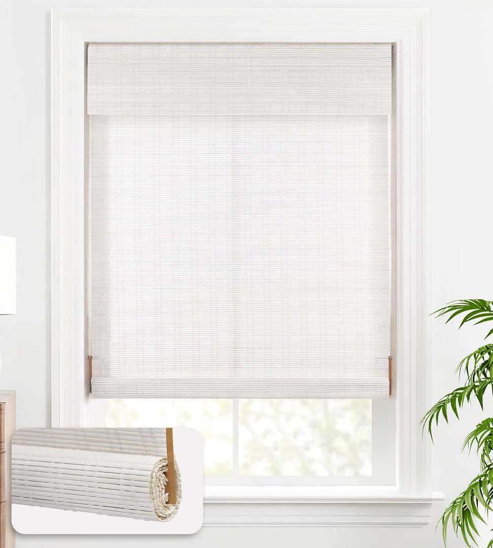 LazBlinds Cordless Bamboo Blinds, Bamboo Roll Up Shades for Windows, Light Filtering Wood Window Blinds for Indoor Home- Size: 35" W x 72'' H, Ceylon Vintage White