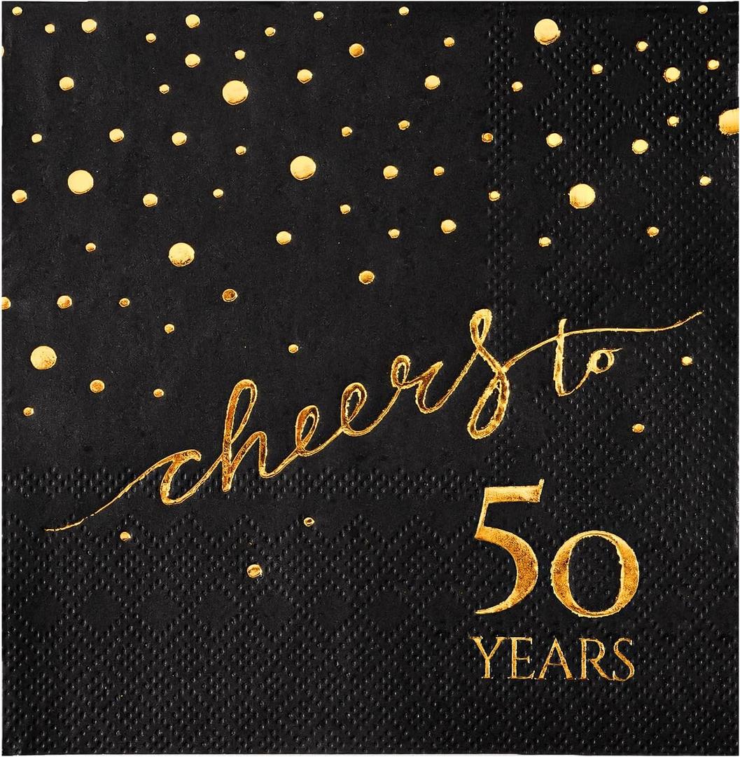 100 Pack of 50th Birthday Napkins, Cheers to 50 Cocktail 5x5 Inches Party Paper Napkins for Birthday Decorations Wedding Anniversary Black and Gold, 3-Ply