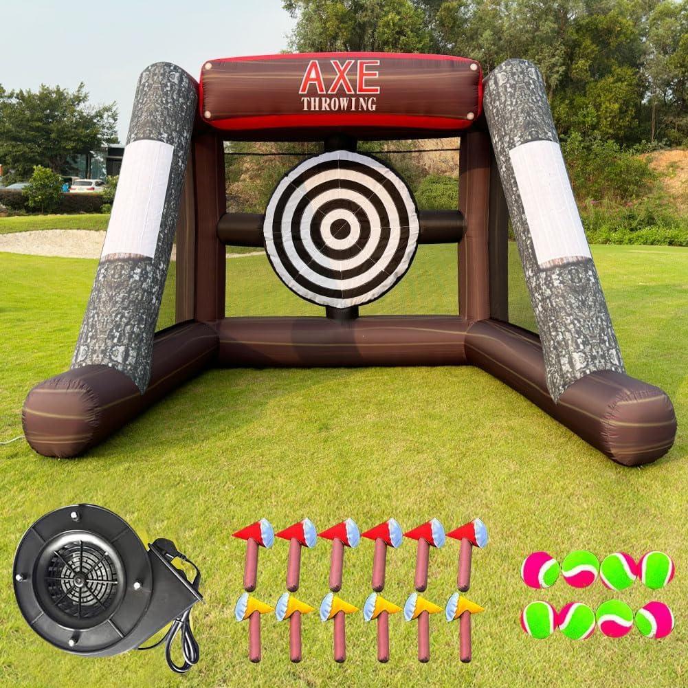 Inflatable Axe Throwing Game + Inflatable Ball Toss Target Dart Board Game with 1 Air Blower and 12 Axe and 10 Balls for Events