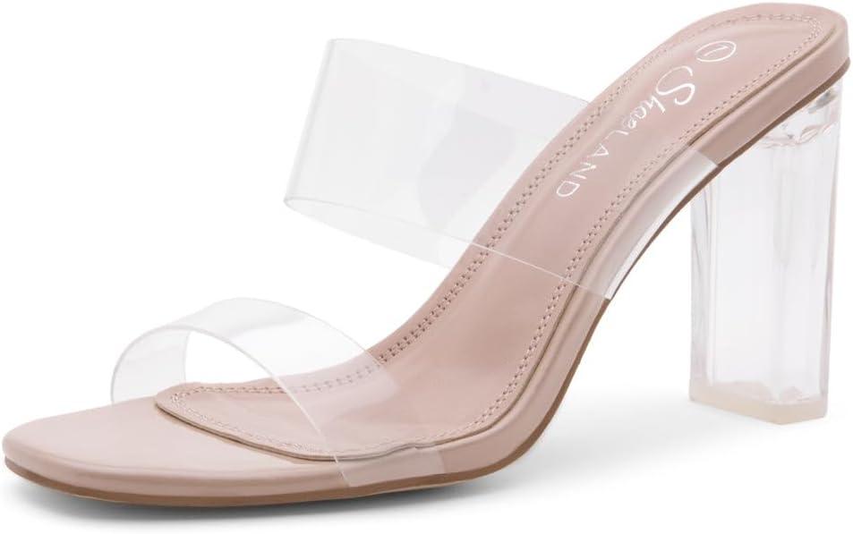 Shoe Land Brienna Women's Clear Heels Chunky Block Heeled Slides Open Toe Two Band Slip-On Mules  Dressy Heeled Sandals for Prom, Wedding, and Party (7, Clearnude)
