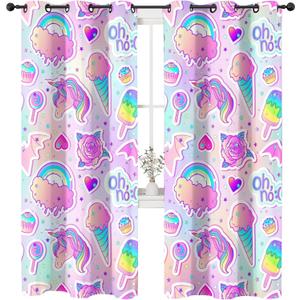 Rainbow Colorful Unicorn Curtains for Kid Living Room, Cream Bat Rose Solid Thermal Insulated Grommet Drapes, Room Darkening Window Curtain Panels(Set of 2, 52x96 Inch), XX240112005-DCL2-5296