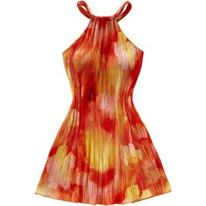 Floerns Women's Flower Print Halter Dress Sleeveless Pleated Boho Mini Dresses (Large, Orange Multi)