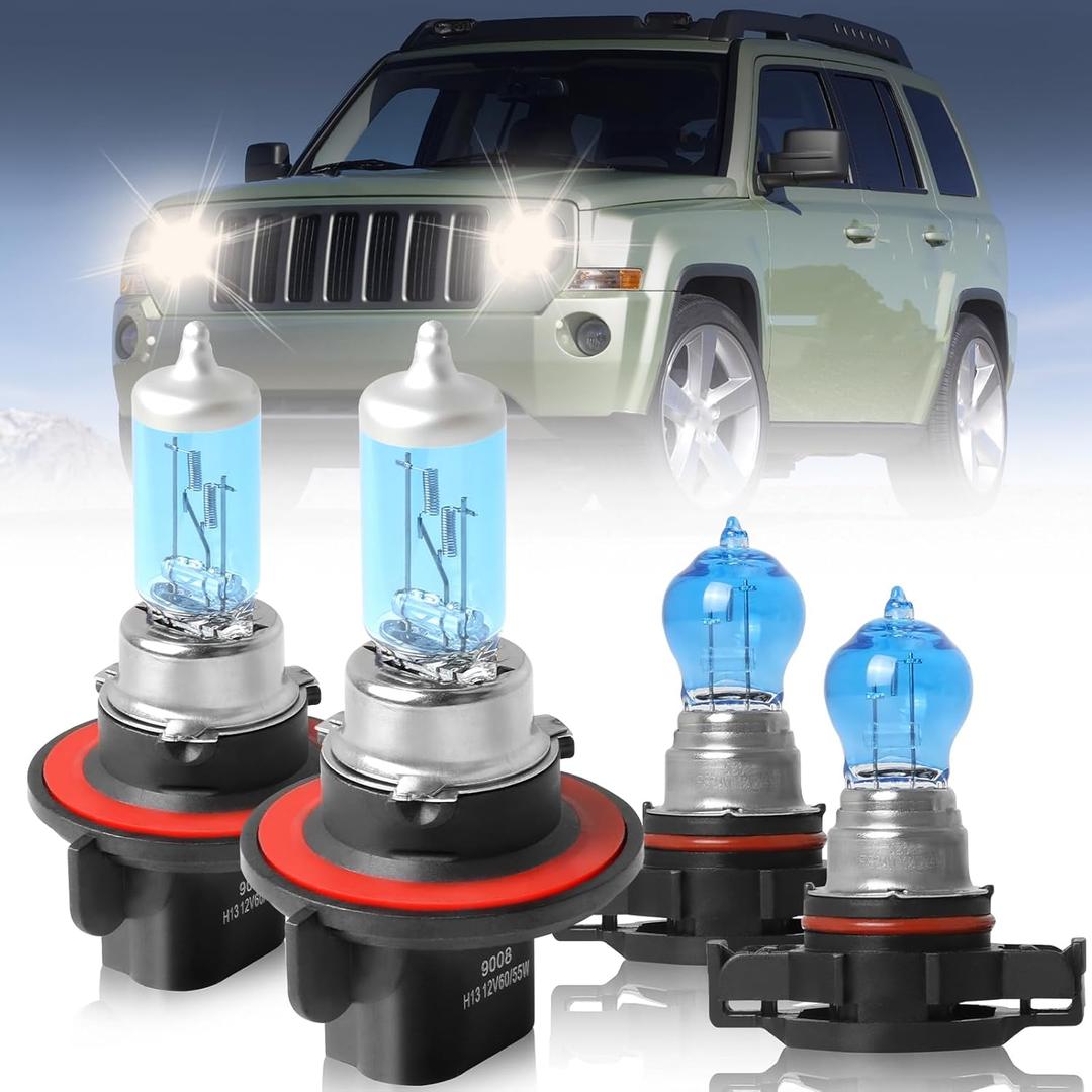 Fit For Jeep Patriot 2010 2011 2012 2013 2014 2015 2016 2017 High Performance Halogen Headlight Bulbs 9008/H13 High/Low Beam + 5202 Fog Light Car Replacement Bulb Combo, Plug and Play, 4 PCS