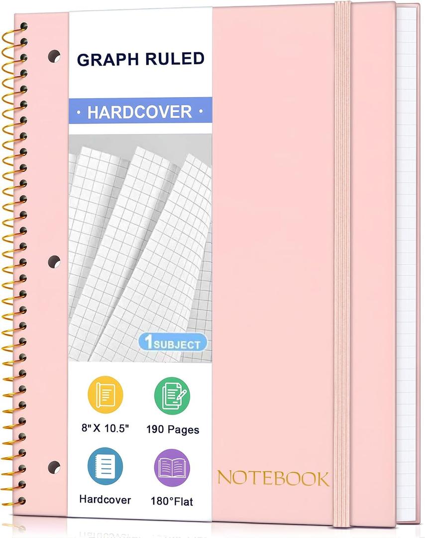 4 x Spiral Notebook Graph Ruled Paper 8" x 10 1/2", 1 Subject Spiral Grid Notebook 3-Hole Punched Perforated Page Ideal for School, Office, Writing, 95 Sheets Lined Journaling Graphing Notebook, Pink
