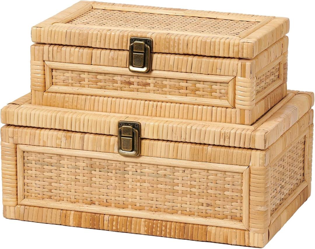 2PCS Rattan Box with Lid Decorative Natural Handmade Boho Baskets Woven Wicker Cane Bins Keepsake Memory Jewelry Boxes Rectangular Desk Shelf Closet Organizer Container (1 Large 1 Small)