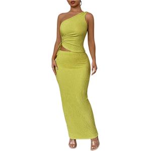 Milumia Women's 2 Piece Outfit Ruched One Shoulder Tank Top and Bodycon Skirt Set (Green, XL)