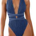 ZAFUL Women's One Piece Swimsuit Deep V Neck Ribbed Self Tie Sexy High Cut Bathing Suit Crisscross Back Swimwear (Blue), XL