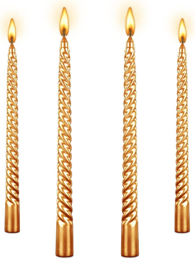 10 Inch Taper Spiral Candle Set of 4 - Tapered, Long, Smokeless, 8 Hr Burn Time - Golden, 25cm - Perfect for Home, Dinner, Party, Wedding, Halloween, Christmas