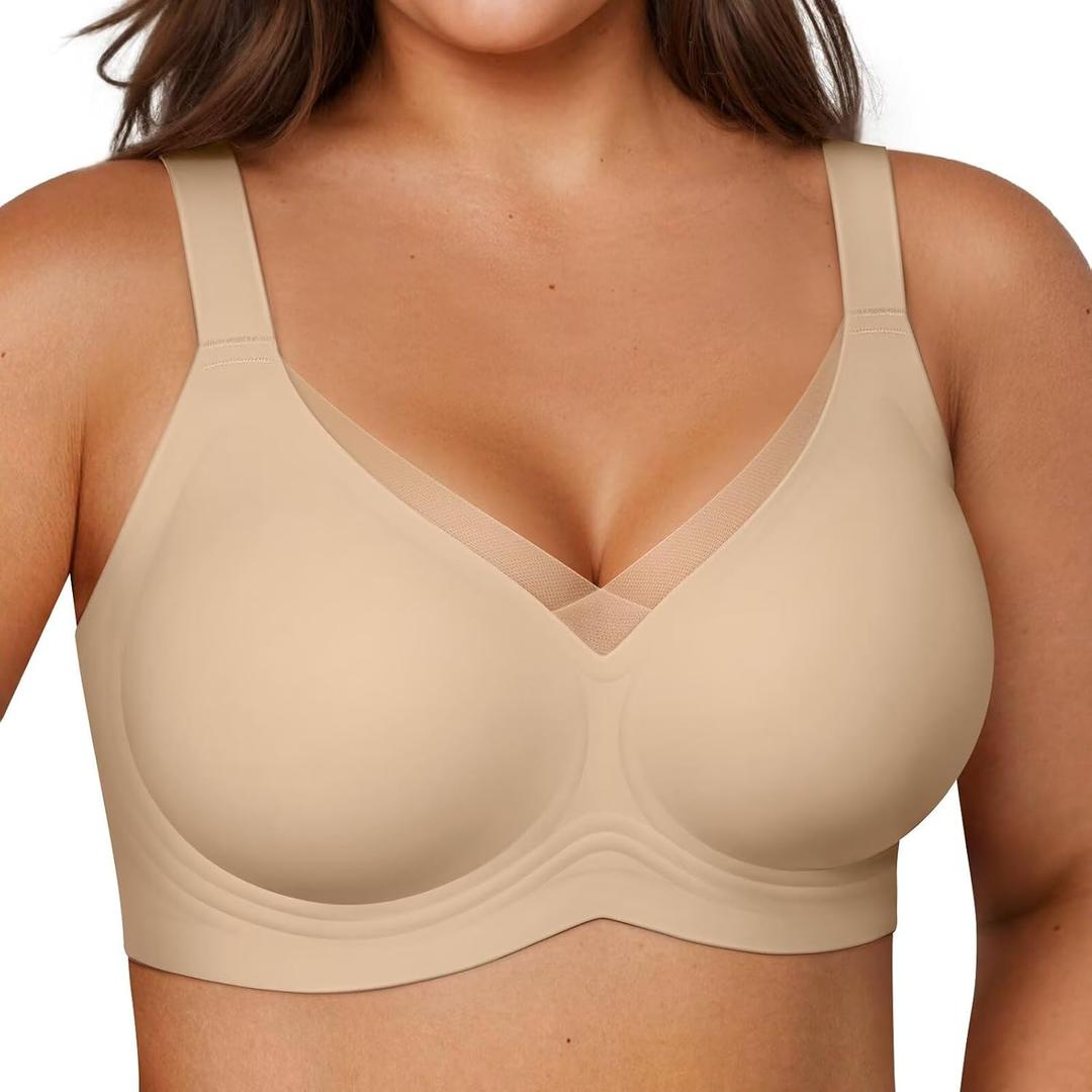 Vertvie Wireless Bras Women Seamless Jelly Supportive Mesh Crossover Bra No Underwire Push Up Full Coverage T-Shirt Bralette (Beige, M)
