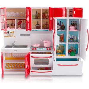 Gourmet Red Doll Modern Kitchen Mini Toy Playset with Lights and Sounds, Perfect for 12 Inch Dolls