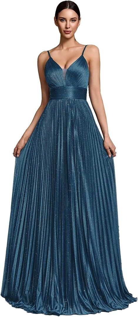 Sexy Backless Maxi Formal Dress for Women with Sequin, Sleeveless Pleated Evening Gowns for Wedding and Cocktail Teal Blue, Large
