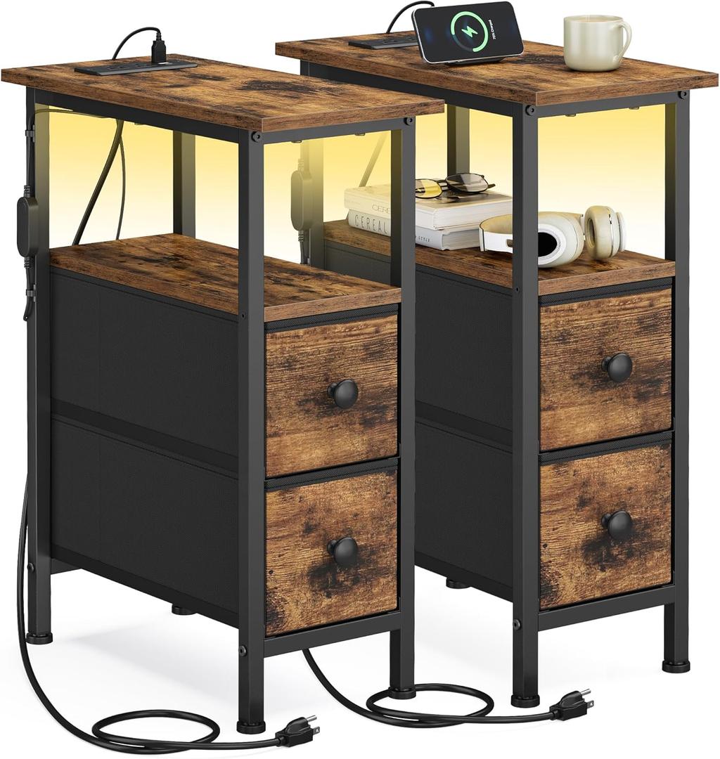 SONGMICS Side Table with LED Light, Narrow End Table with 2 Fabric Drawers, 2 Pack