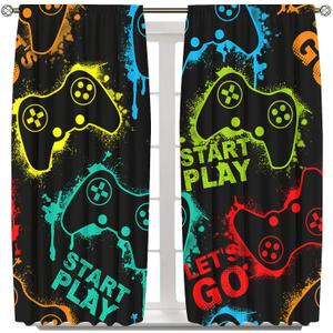 21x54Inch Neon Gamepad Modern Gaming Window Curtains Start Play and Let's Go Teen Boys Video Game Room Nursery Bedroom Living Home Decoration Polyester Fabric Supplies Drapes 2 Panel