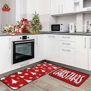 Lumiprinta Merry Christmas Snowflake Xmas Trees Red Kitchen Rugs Set of 2, Winter Home Decor Low-Profile Floor Mat Decorations for Home Kitchen 17"x47"+17"x30"