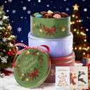 Christmas Cookie Tins with Lids, Set of 3 Larger Holiday Containers for Homemade Cookies, Gifts, Treats, Reusable Round Metal Storage Boxes with 3 Premium Greeting Cards & 16.5ft Ribbon