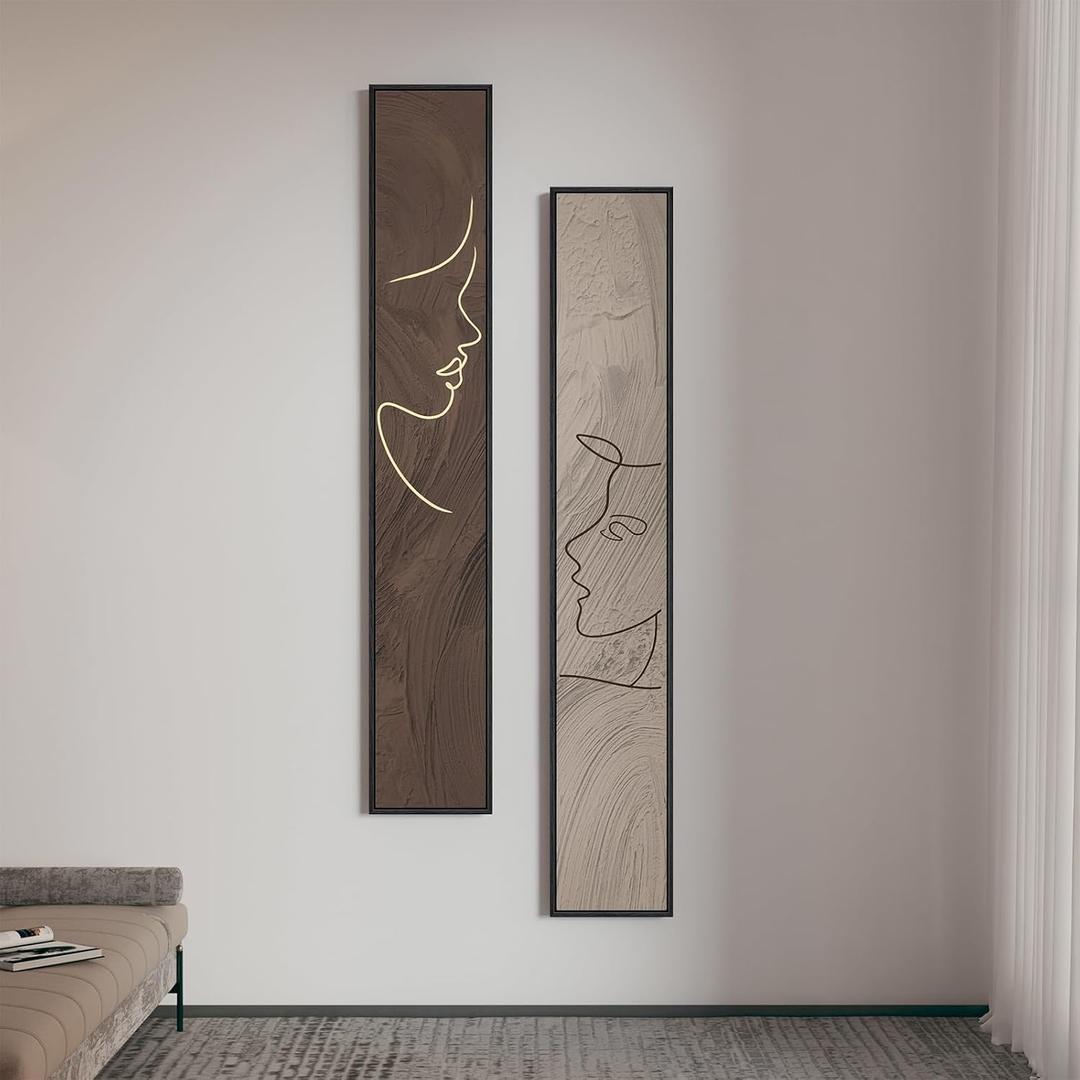 Large Framed Long Narrow Vertical Neutral Abstract Wall Art Set, 2 Piece Beige Brown Modern Canvas Prints Paintings Artwork for Walls-Minimalist Pictures for Entryway Hallway Living Bedroom Wall Decor