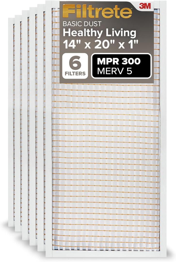 Filtrete 14x20x1 AC Furnace Air Filter MERV 5 MPR 300 Capture Unwanted Particles 3-Month Pleated 1-Inch Electrostatic Air Cleaning Filter, 6-Pack (Actual Size 13.81x19.81x0.81 in)