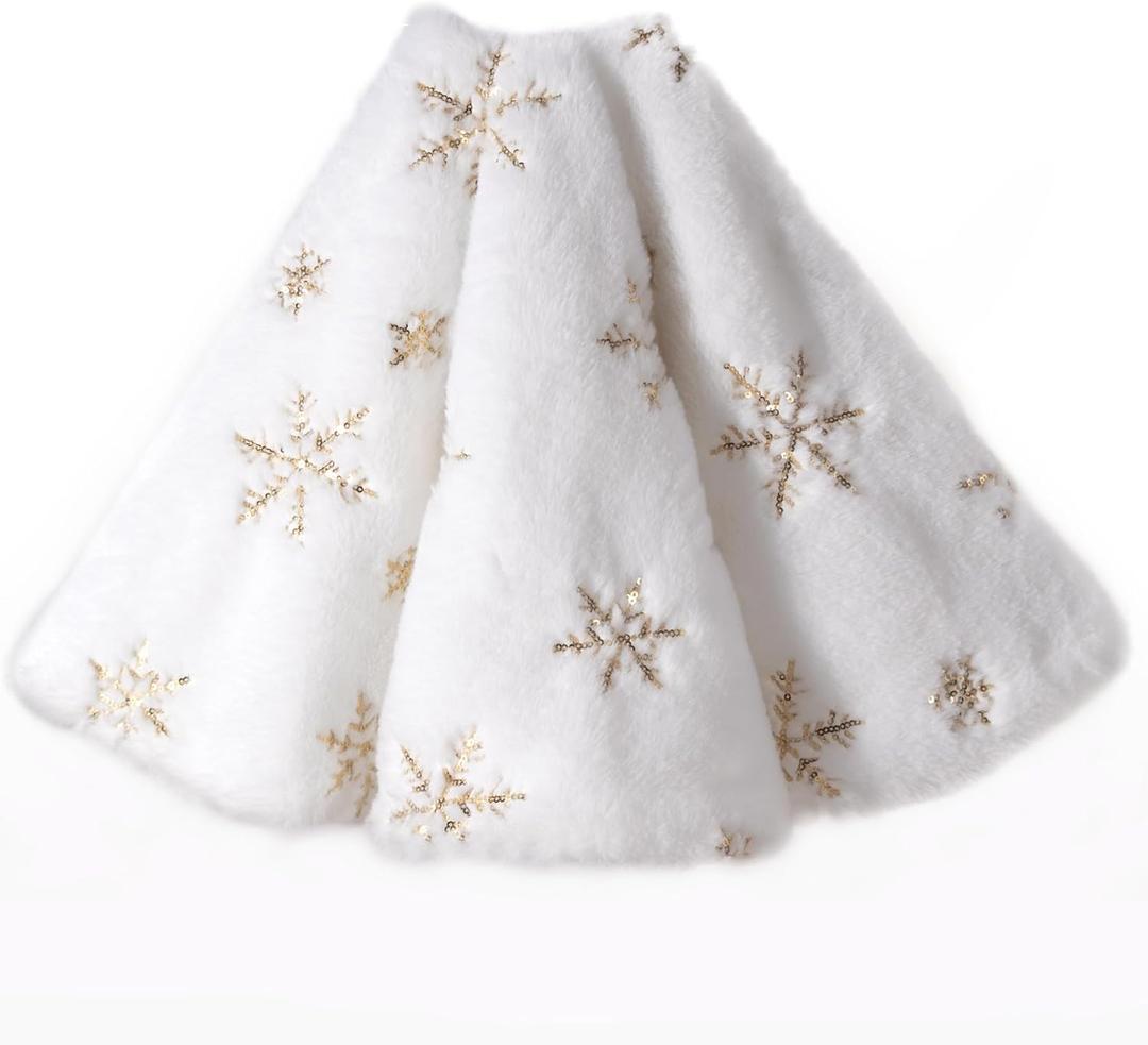 Christmas Tree Skirt, 36-Inch White Faux Fur Tree Skirt with Sparkling Gold Sequin Snowflakes, Quality Xmas Decorations for 4FT-6FT Christmas Trees - Perfect for Christmas Home Decor
