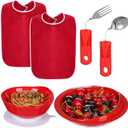 6 Pcs Adaptive Utensil with Bib Bowl Plate Set Weight Cutlery Gift for Elderly Disabled Hand Arthritis Parkinson(Red)
