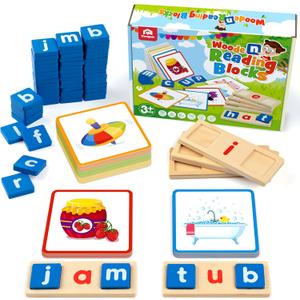 Coogam Wooden Short Vowel Reading Letters Sorting Spelling Games, Site CVC Words Learning Flashcards Alphabet Puzzle Montessori Educational Toy Gift for Kids 3 4 5 Years Old