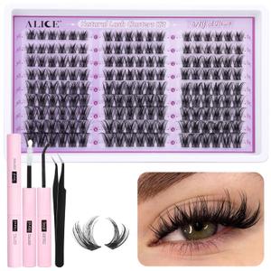 ALICE Wispy Lash Clusters Kit Natural Fluffy Lash Extension Kit Cluster Eyelash Extension Kit 162pcs C Curl 10-18mm Eyelash Clusters with Lash Glue Bond and Seal Lash Tweezers