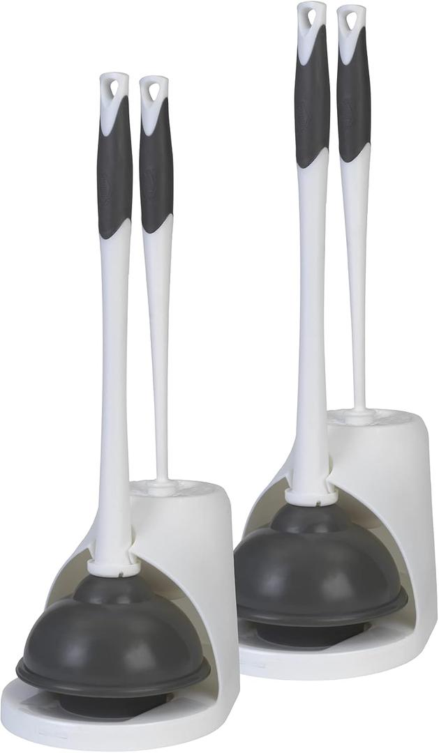 Clorox Toilet Plunger and Bowl Brush Combo Set with Caddy, 6.75" x 7" x 19.5", White/Gray, Pack of 2 - Plunger and Toilet Bowl Brush, Heavy Duty Plunger, Toilet Cleaning Brush, Freestanding Caddy