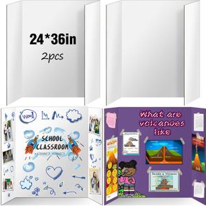 2 Pack Trifold Poster Board, IKAYAS 24" X 36" Double Sided White Tri-fold Poster Boards, Science Fair Display Boards Presentation Boards for Mounting, Art, Display, Projects Classroom Supplies