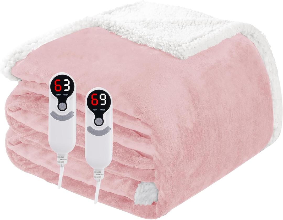 Electric Heated Blanket Queen Size 84"x90", Soft Flannel with Dual Controllers & Overheat Protection, 9 Adjustable Heat Settings & 10-Hour Auto-Off Timer, Fast Heating for Winter Comfort, Pink