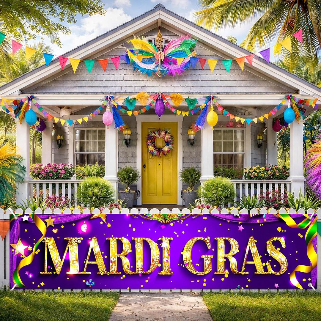 Mardi Gras Banner 78x17 Inch Mardi Gras Decorations Purple Gold Party Hanging Banner Sign for Carnival Party Indoor Outside Decor
