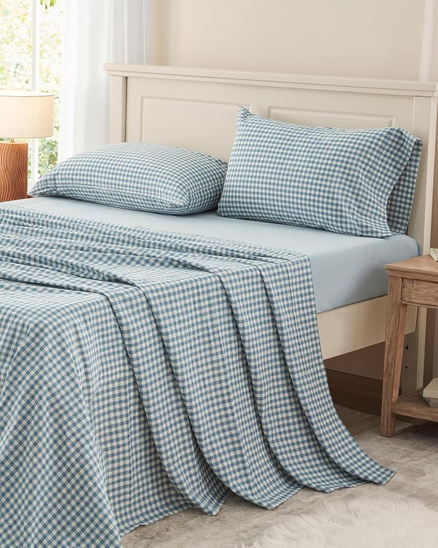 PURE ERA King Sheet Set 100% Washed Cotton Gingham Bed Sheets King Size, 4 Pieces Set,Soft, Breathable, Durable, Linen Feel - 15'Deep Pocket - Checked Blue