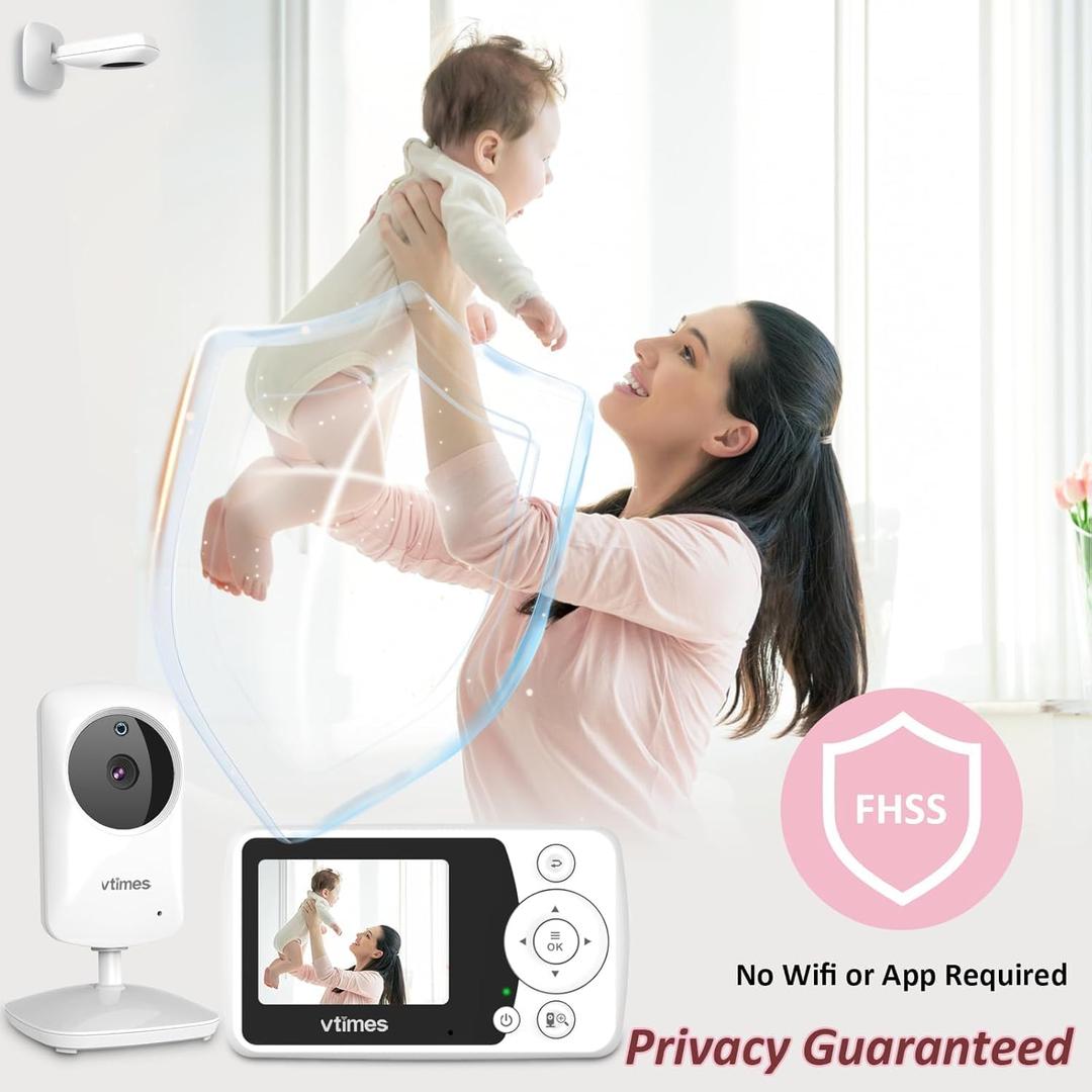 VTimes Baby Monitor No WiFi 2.4" Screen, Video Baby Camera Monitor Night Vision, 1000ft Range, 2X Zoom, Ideal for Elderly Pet (NO Charging Plug)