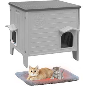 Deblue Cat House Outdoor with Cat Mat Weatherpoof Plastic Cats Houses with Escape Door Indoor Waterproof Feral/Pet Cat Shelter Outside for Puppy, Rabbit (Grey)