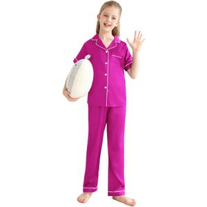 Veseacky Barbie Pajamas for Girls Short Sleeve Pjs for Kids Satin Two Piece Lounge Sets Button Down Sleepwear with Long Pants (Rose red,12y)