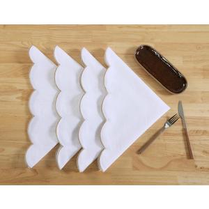 100% Pure Linen Scalloped Embroidery Cloth Napkins 20x20 for Dinners, Parties, Weddings, Decorative Halloween, Spring, Easter, Set of 4 Pcs (White Linen and Gold Embroidery)