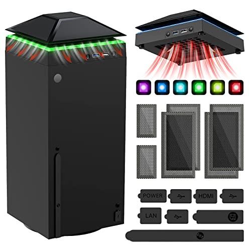 MENEEA Cooling Fan Dust Proof for Xbox Series X Console with Colorful Light Strip,Dust Cover Filter,Rubber Dust Plugs,Low Noise Top Fan with 3 Gears,Cooler&Light Independent Touch Switch, 2 USB Port
