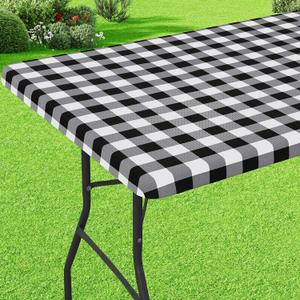 misaya Buffalo Rectangle Picnic Tablecloth, 8 Foot Elastic Fitted Vinyl Table Cloth with Flannel Backing, Waterproof Plaid Table Covers for Dining, Camping, Outdoor (Black and White, 30" x 96")