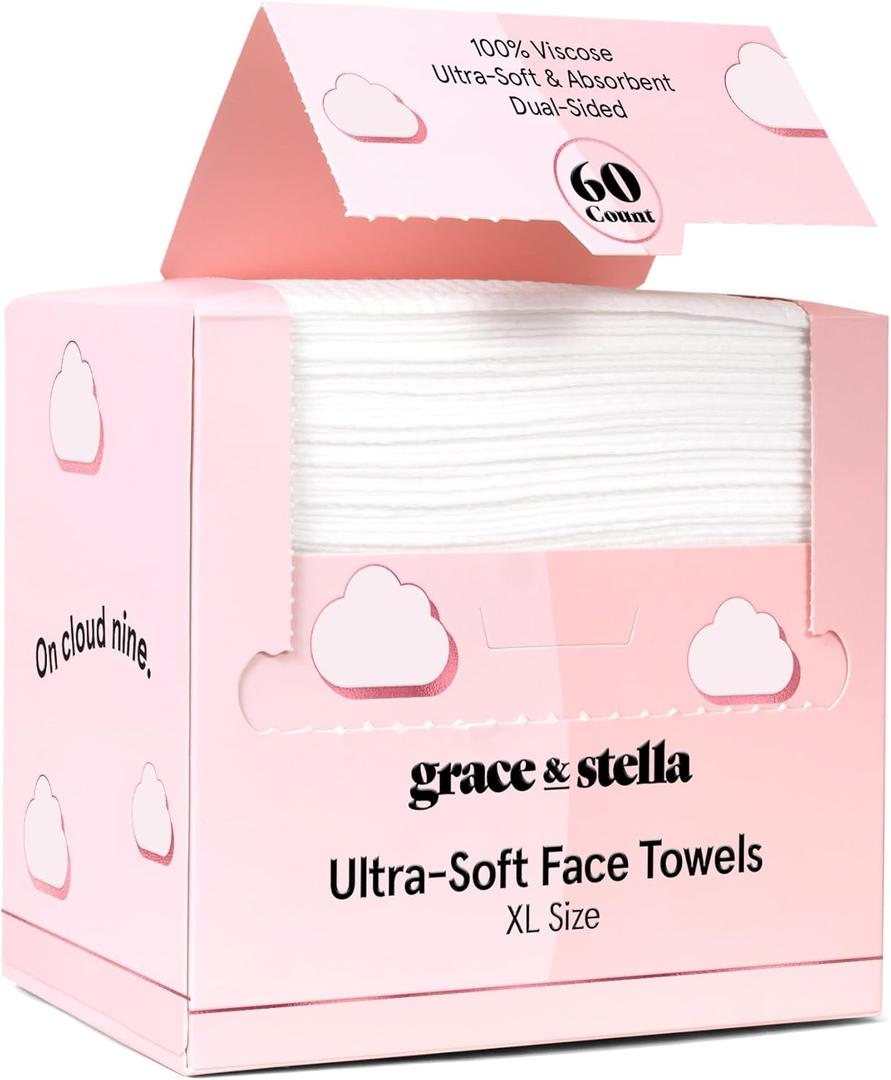grace & stella Face Towels Disposable - Travel Essentials - Ultra-Soft & Absorbent Face Wipes Towelettes - XL Facial Towels for Cleansing & Makeup Removal - Lint-Free Facial Tissue - Vegan (60 Count)